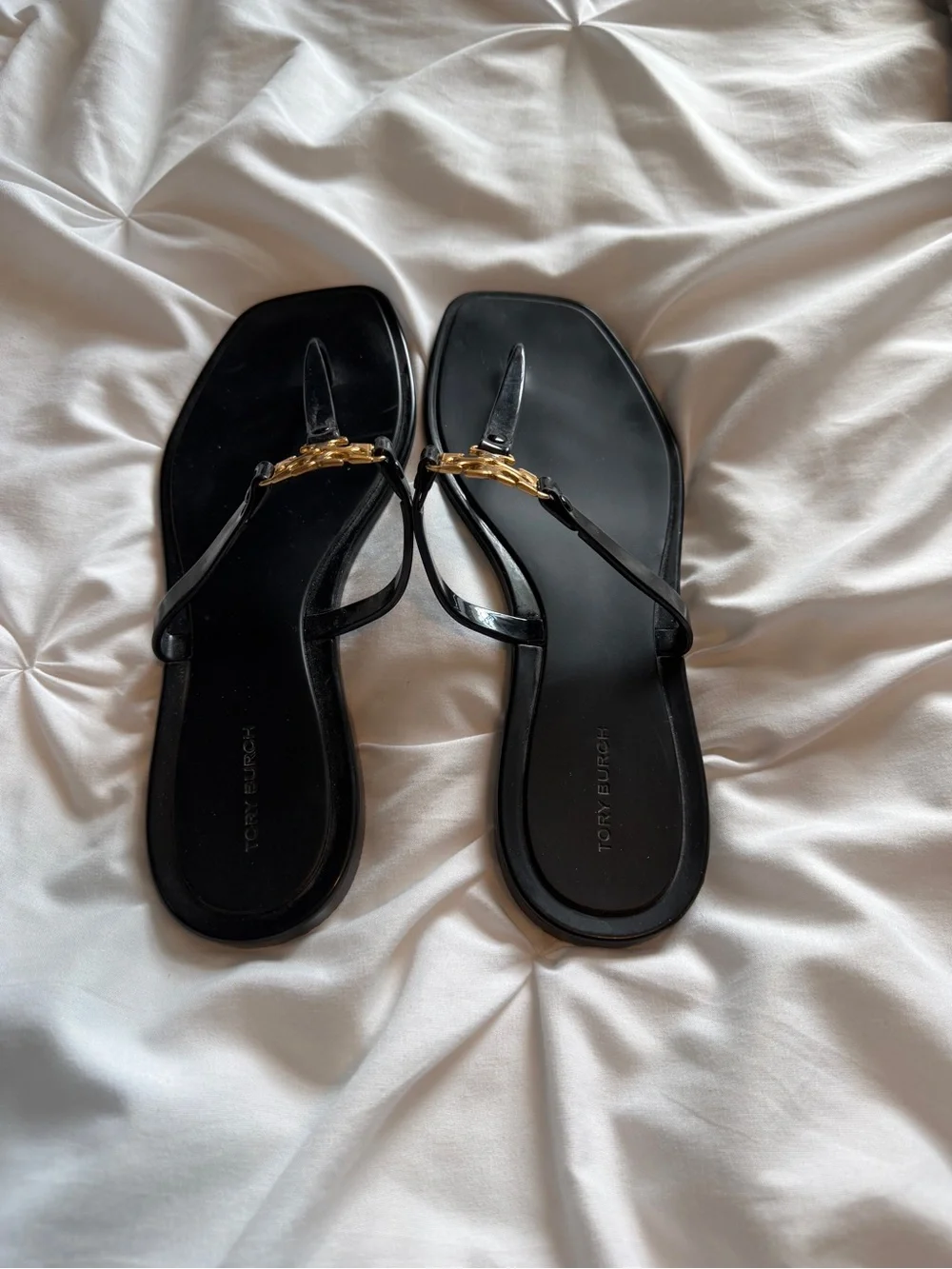 Tory Burch Black Patent Thong Sandals with Gold Logo Medallion
